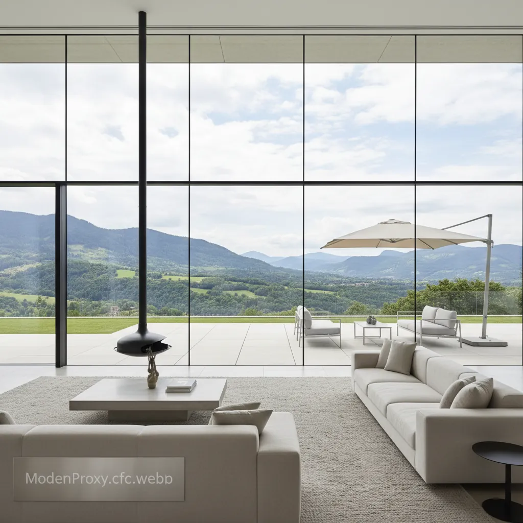 Modern home interior with large windows overlooking a lush mountainous landscape