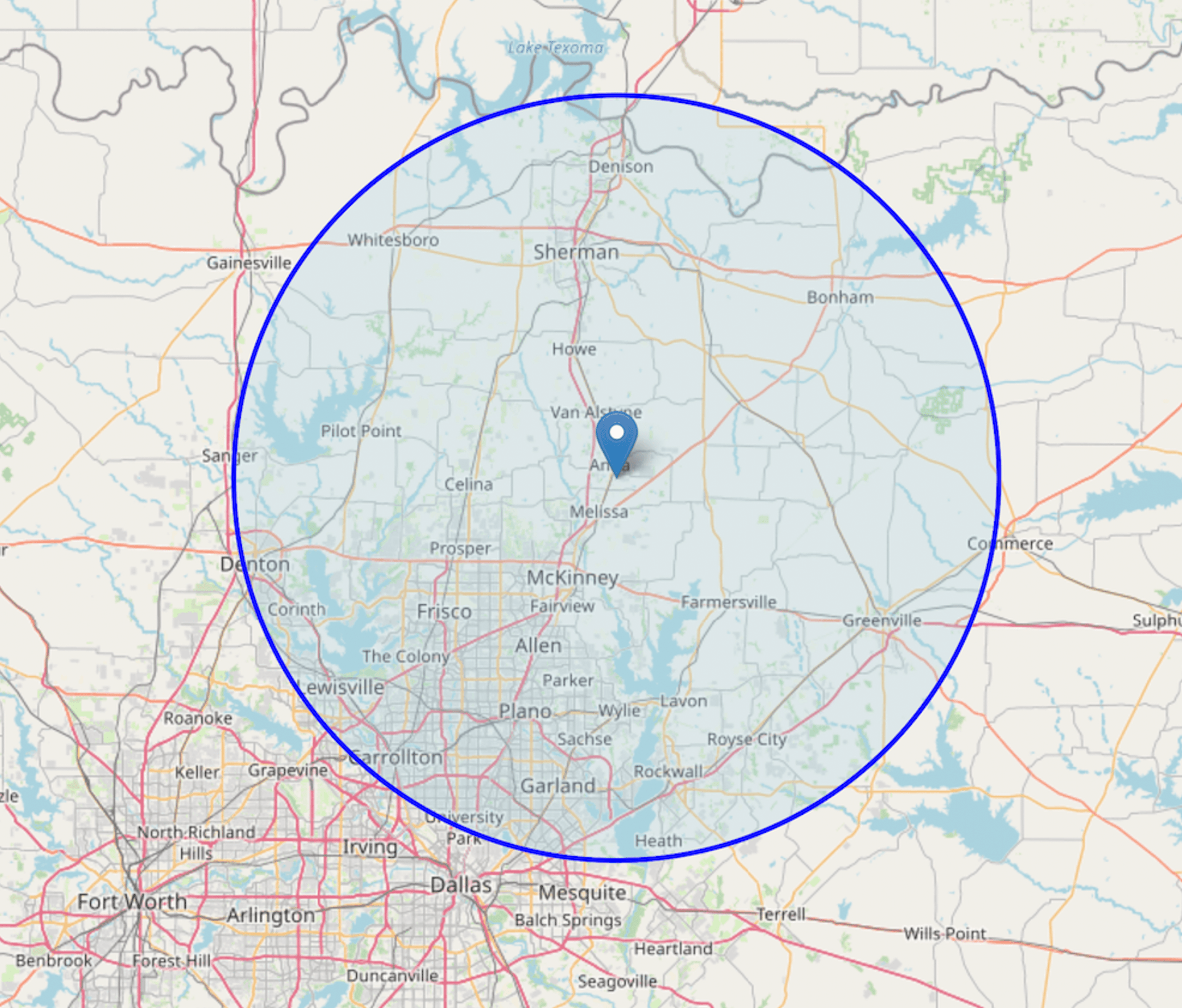 Map of North Texas service area from Dallas northward to the Oklahoma state line