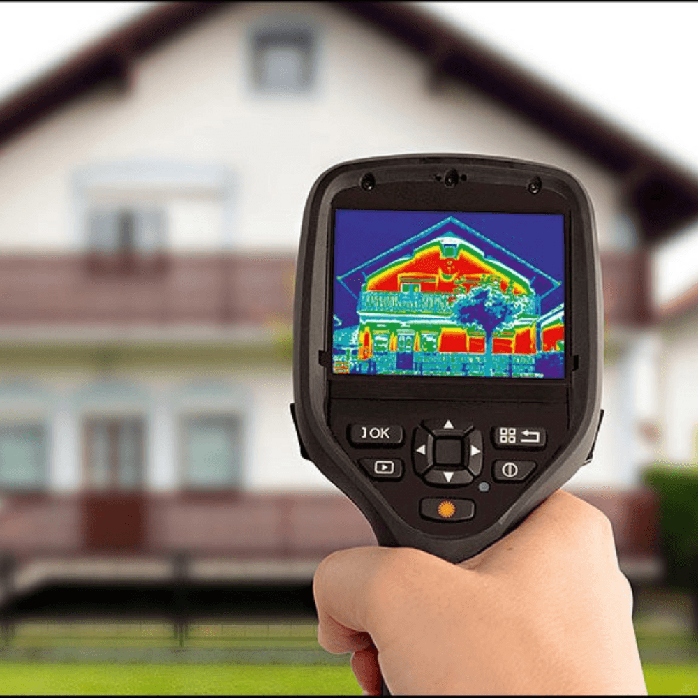 Thermal imaging camera displaying infrared heat map of a residential home