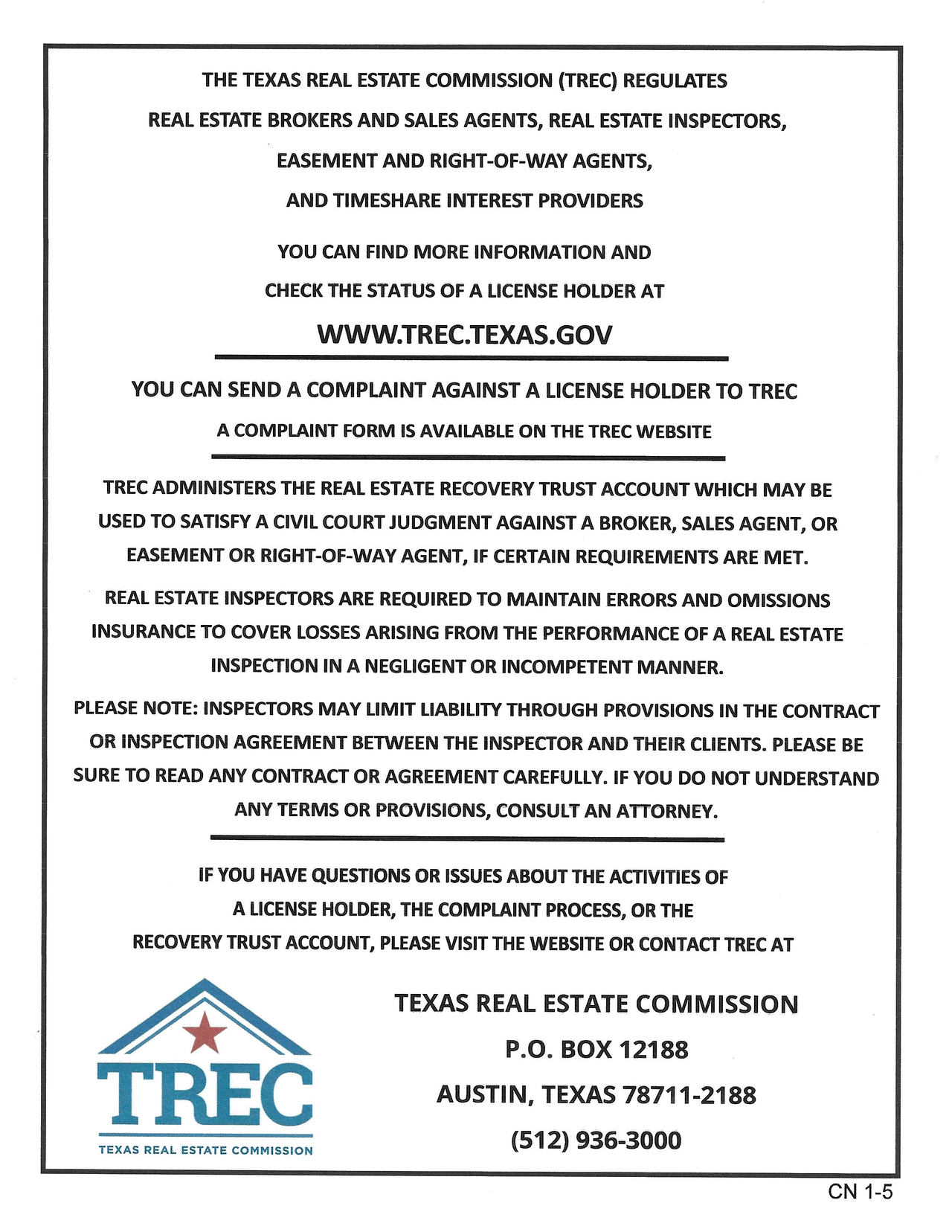 Official Texas Real Estate Commission Consumer Protection Notice